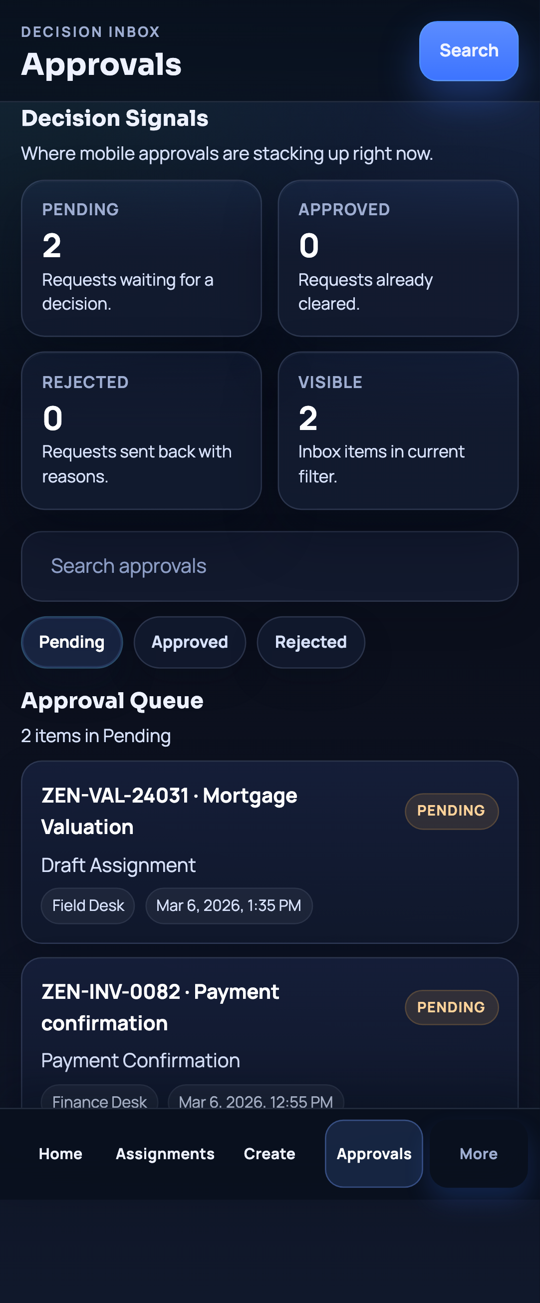 Maulya mobile approvals queue with pending decisions.