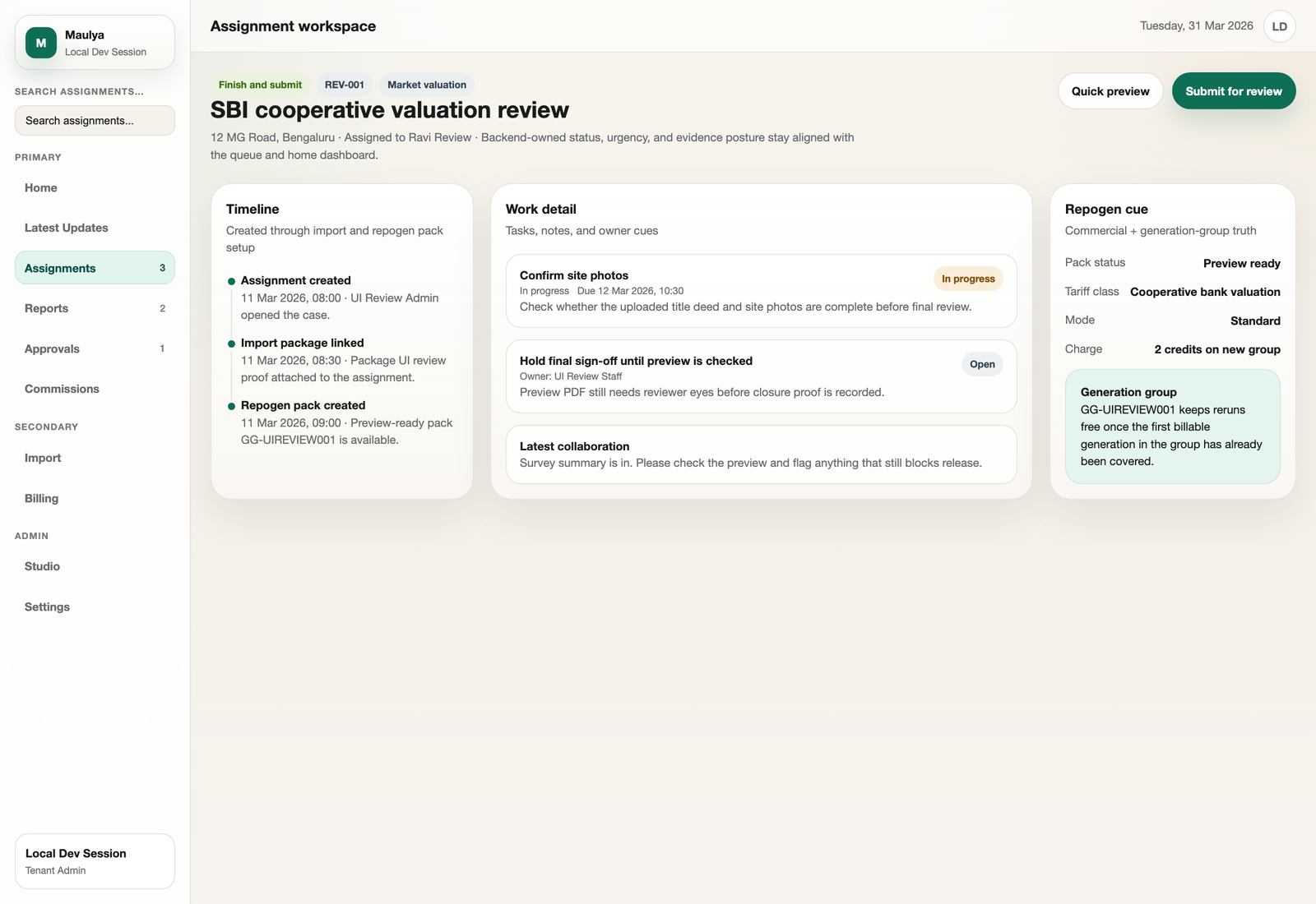 Assignment detail showing property data and report workflow.