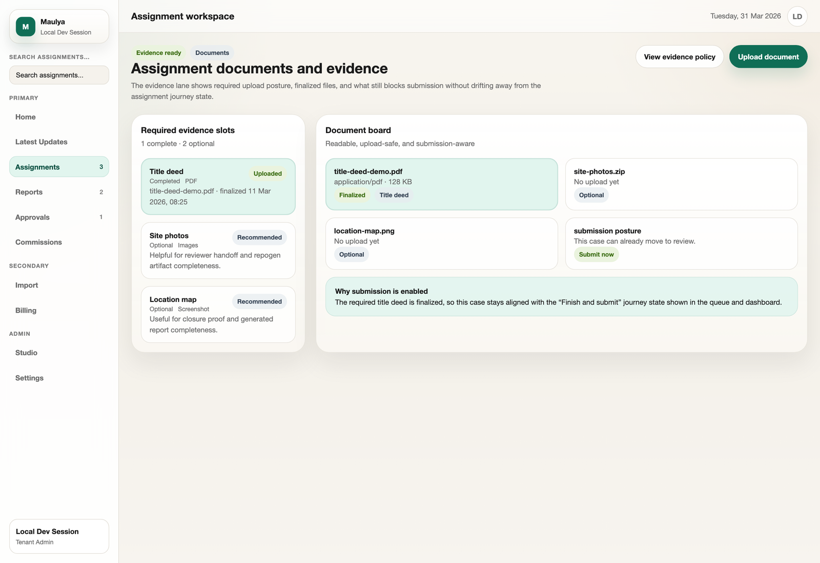 Maulya assignment documents board showing upload posture, optional evidence, and submission readiness.