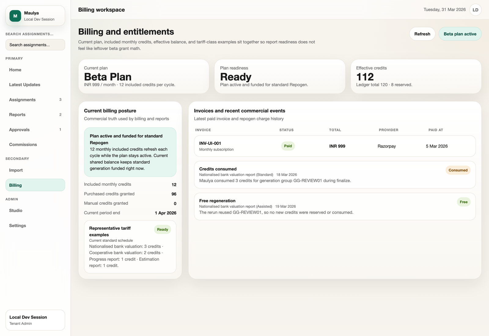 Billing view showing plan posture, credits, invoices, and payments.