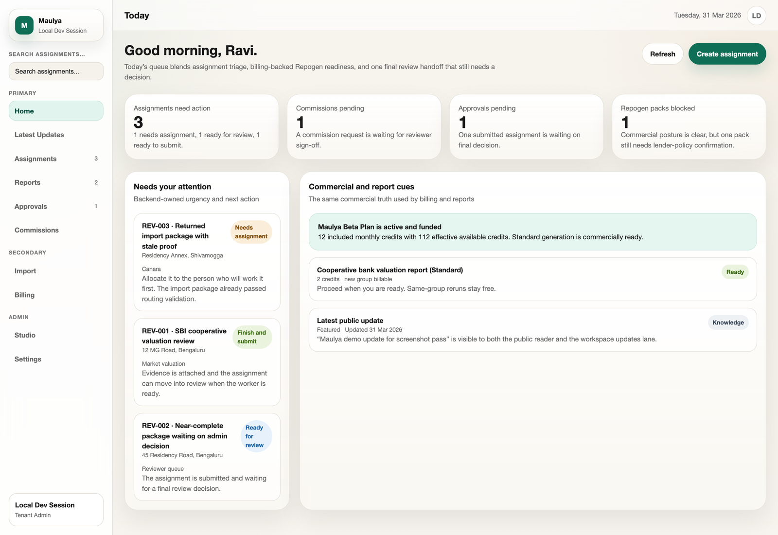 Maulya dashboard showing assignments, reports, billing, and team activity.