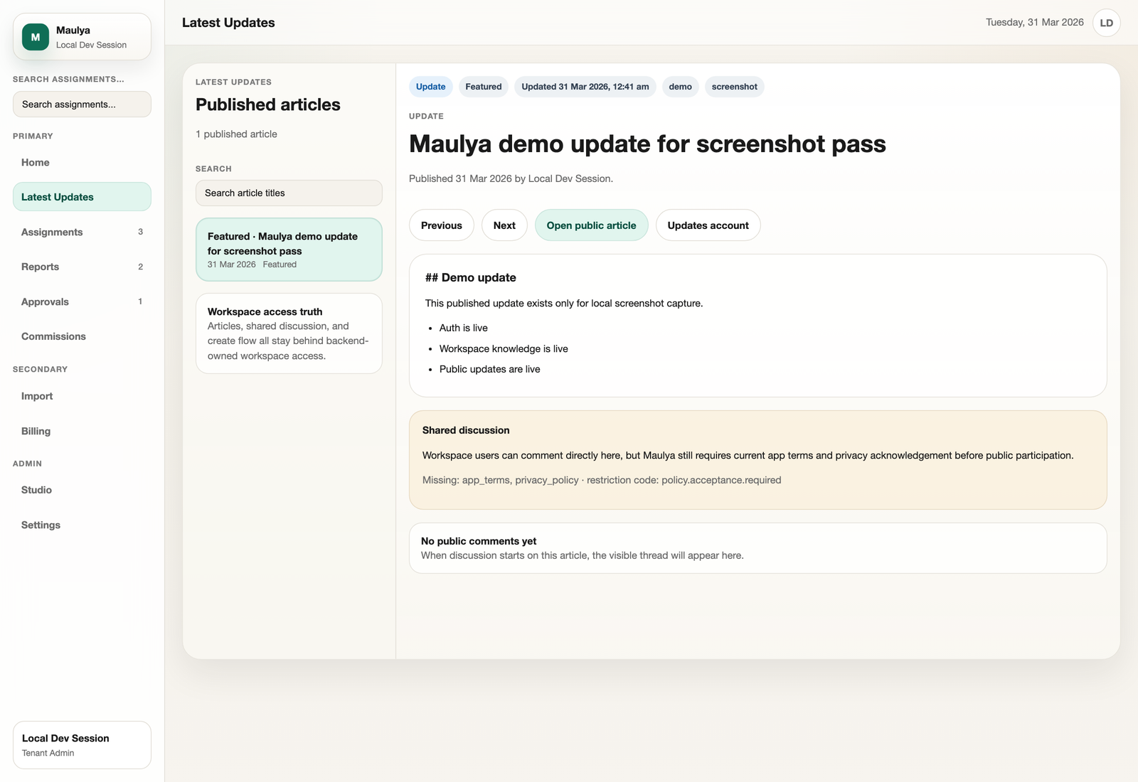 Maulya public knowledge workspace showing published articles, search, article detail, and updates account entry points.
