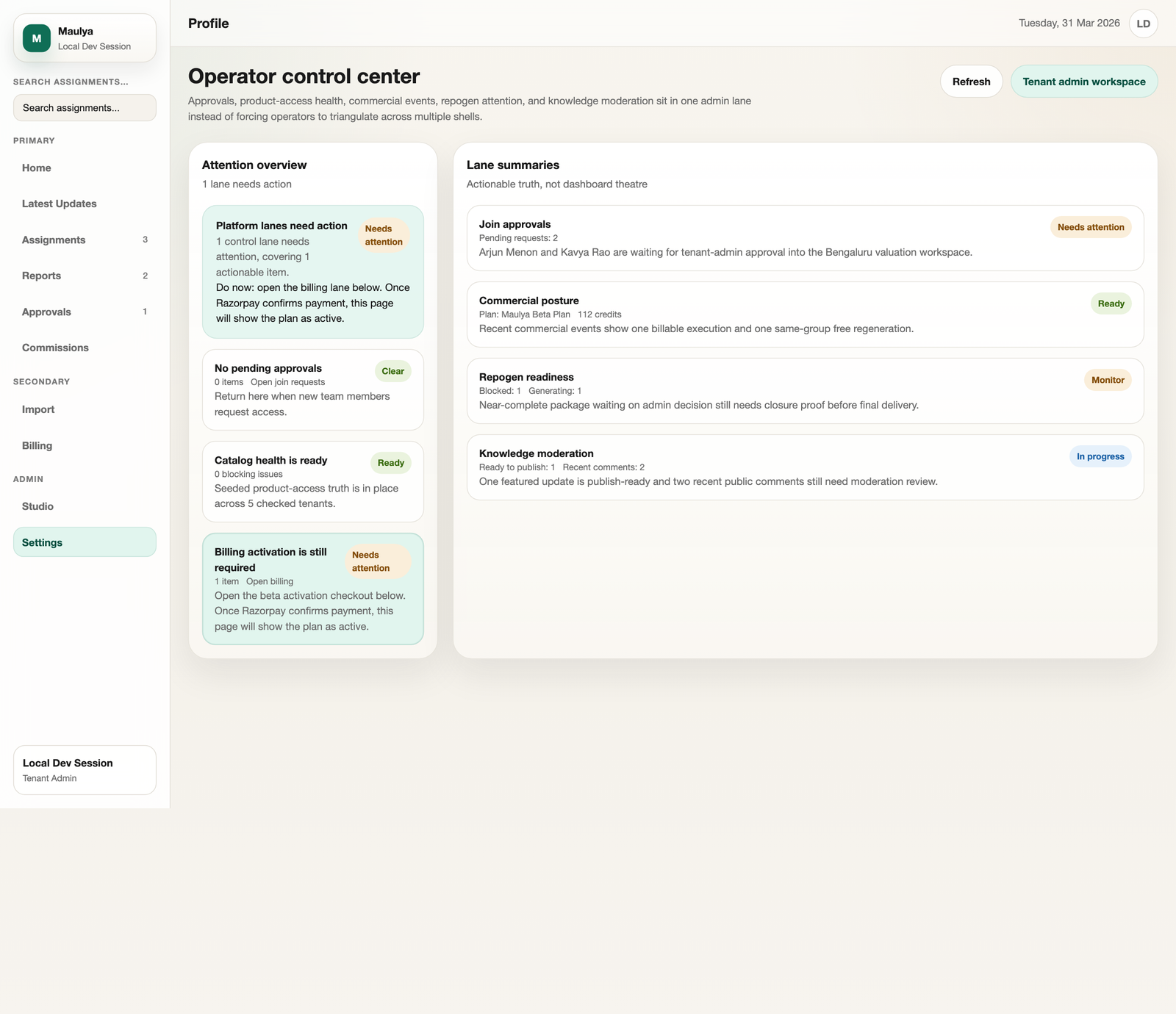 Maulya operator control center showing approvals, commercial posture, repogen attention, and knowledge moderation in one lane.